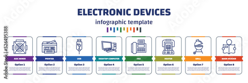 infographic template with icons and 8 options or steps. infographic for electronic devices concept. included asic miner, printer, usb, desktop computer, fax, heater, grill, book reader icons.