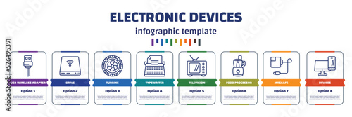 infographic template with icons and 8 options or steps. infographic for electronic devices concept. included usb wireless adapter, drive, turbine, typewriter, television, food processor, magsafe,