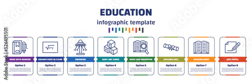 infographic template with icons and 8 options or steps. infographic for education concept. included book with marker, square root in class, swinging, baby abc cubes, book and magnifier, diploma