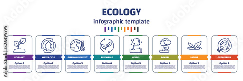 infographic template with icons and 8 options or steps. infographic for ecology concept. included eco plant, water cycle, greenhouse effect, renewable, geyser, bonsai, nature, ozone layer icons.