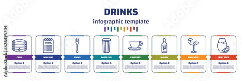infographic template with icons and 8 options or steps. infographic for drinks concept. included cask, wine list, forks, paper cup, espresso, malibu, pink rose, fruit juice icons.