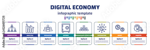 infographic template with icons and 8 options or steps. infographic for digital economy concept. included organization, analytics, population, safebox, hierarchical structure, distribution, money,