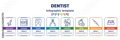 infographic template with icons and 8 options or steps. infographic for dentist concept. included dental needle, radiograph, bicuspid, tooth pliers, examination, dentist, periodontal scaler, dental