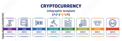 infographic template with icons and 8 options or steps. infographic for cryptocurrency concept. included saving, bonds, video card, auction hammer, market forecast, budget diagram, withdraw,