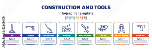 infographic template with icons and 8 options or steps. infographic for construction and tools concept. included soil, caulk gun, iron soldering, staple gun, pencil and ruler, chop saw, mechanic