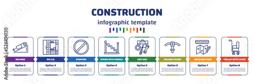 infographic template with icons and 8 options or steps. infographic for construction concept. included inclined, big clo, stopping, stairs with handle, tool bag, inclined picker, measures plan,