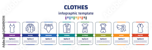 infographic template with icons and 8 options or steps. infographic for clothes concept. included tanktop, blazer, knickers, chemise, pyjamas, pijama, shawl, kaftan icons.