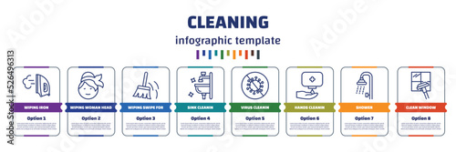 infographic template with icons and 8 options or steps. infographic for cleaning concept. included wiping iron, wiping woman head, wiping swipe for floors, sink cleanin, virus cleanin, hands