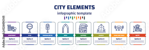 infographic template with icons and 8 options or steps. infographic for city elements concept. included apartment, stop, parking meter, arch, pizzeria, church, chair and table, motel icons.