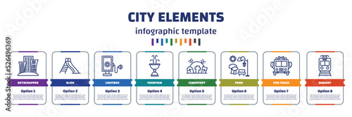 infographic template with icons and 8 options or steps. infographic for city elements concept. included skyscrapper, slide, lightbox, fountain, cementery, park, fire truck, subway icons.
