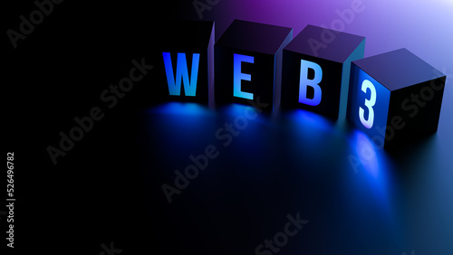 WEB 3 neon on cubes. The concept of the development of Internet technologies. Blank with copy space. 3D render.