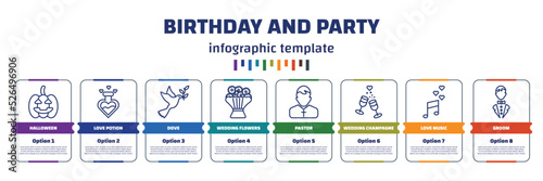 infographic template with icons and 8 options or steps. infographic for birthday and party concept. included halloween, love potion, dove, wedding flowers, pastor, wedding champagne, love music,