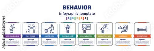 infographic template with icons and 8 options or steps. infographic for behavior concept. included stick man dancing, two friends, shopper man, piggyback a kid, window cleaning, man painting wall,
