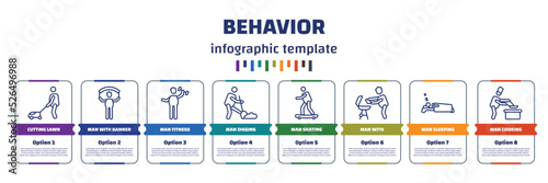 infographic template with icons and 8 options or steps. infographic for behavior concept. included cutting lawn, man with banner, man fitness, man digging, skating, with, sleeping, cooking icons.