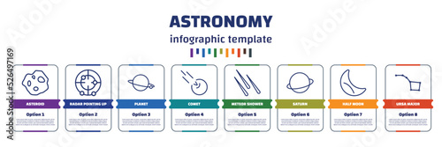 infographic template with icons and 8 options or steps. infographic for astronomy concept. included asteroid, radar pointing up, planet, comet, meteor shower, saturn, half moon, ursa major icons.