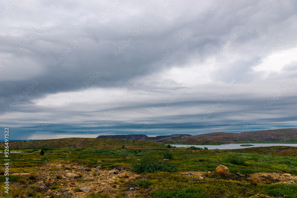 Polar landscape with granite stones and plants. North lake in the stone shore Polar landscape with granite stones and plants. North lake in the stone shore