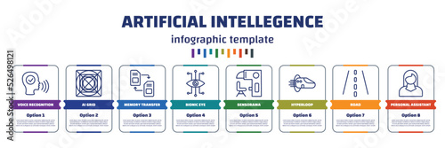infographic template with icons and 8 options or steps. infographic for artificial intellegence concept. included voice recognition, ai grid, memory transfer, bionic eye, sensorama, hyperloop, road,