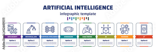 infographic template with icons and 8 options or steps. infographic for artificial intelligence concept. included data security, mechanical arm, artificial intelligence, stereoscope, game control,