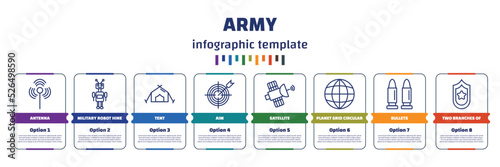 infographic template with icons and 8 options or steps. infographic for army concept. included antenna, military robot hine, tent, aim, satellite, planet grid circular, bullets, two branches of