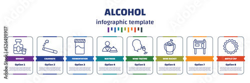 infographic template with icons and 8 options or steps. infographic for alcohol concept. included whisky, cigarrete, fermentation, waitress, wine tasting, wine bucket, , bottle cap icons.