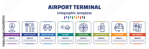 infographic template with icons and 8 options or steps. infographic for airport terminal concept. included airport placeholder, clutery for lunch, airport x ray hine, old plane, radar, luggage photo