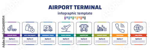 infographic template with icons and 8 options or steps. infographic for airport terminal concept. included trailer truck, duty free basket, emergency truck, plane landing, airport bus, airport