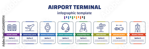 infographic template with icons and 8 options or steps. infographic for airport terminal concept. included picking luggage, departures flights, modern wirstwatch, airport headphones, stewardress
