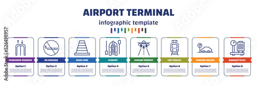 infographic template with icons and 8 options or steps. infographic for airport terminal concept. included passenger passway, no smoking, road cone, lifeboat, landing runway, car trolley, parking