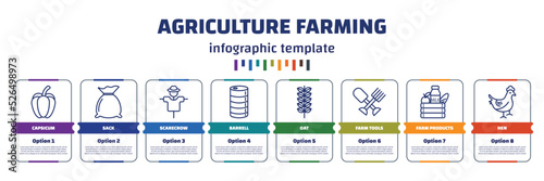 infographic template with icons and 8 options or steps. infographic for agriculture farming concept. included capsicum, sack, scarecrow, barrell, oat, farm tools, farm products, hen icons.