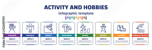 infographic template with icons and 8 options or steps. infographic for activity and hobbies concept. included film making, warming up, downhill, mushrooming, parkour, barbeque, ice skating, jumping