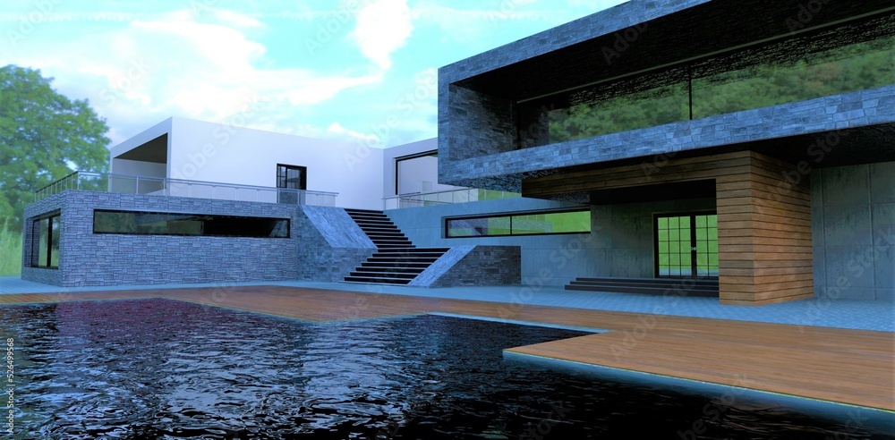 The concept of a house in a minimalist style. Large pool at the level of the wooden deck. Wall decoration concrete and gray slate. 3d render.