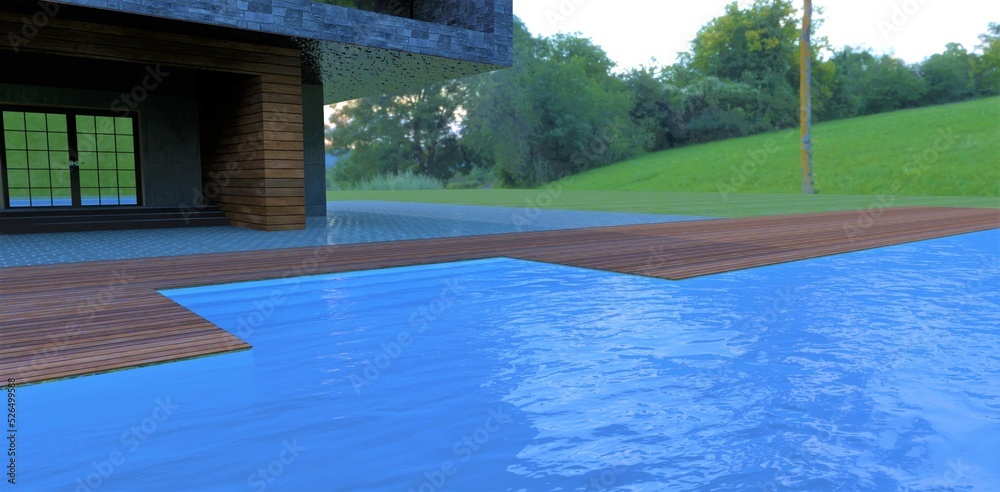 The stairs to the pool are visible through the blue transparent water. Slight roughness on the surface. Terrace board around the edge. 3d render.
