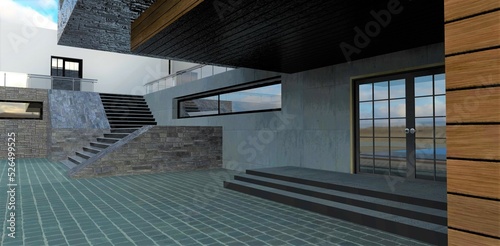 Cobblestone courtyard of the house in a minimalist style. Gray tones. Concrete and slate. Entrance to the building and stairs to the terrace. 3d render.