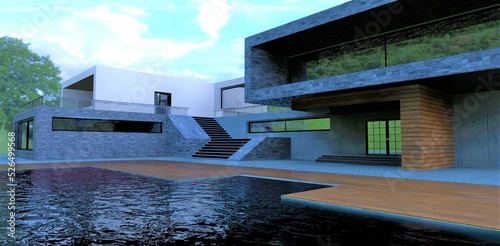 The concept of a house in a minimalist style. Large pool at the level of the wooden deck. Wall decoration concrete and gray slate. 3d render.
