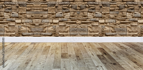 bright empty interior design, stone wall. 3D illustration