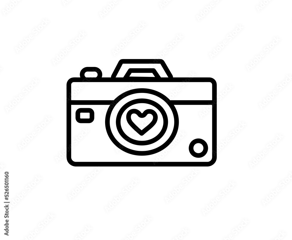 A heart icon image of a camera drawn with a thick black outline inside a circle A heart icon image of a camera drawn with a thick black outline inside a circle