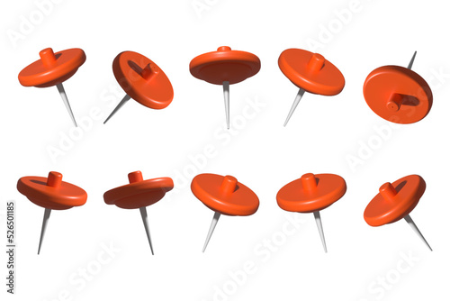 A set of ten red 3D push pins from different angles isolated on a white background. Vector illustration.