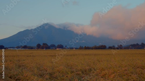 山頂を雲が流れる筑波山と収穫の秋 photo