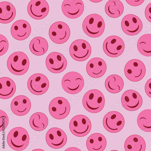 Cute Kawaii hot pink happy faces seamless pattern on dusty pink background. For kids textile, backgrounds, wrapping paper and stationary 