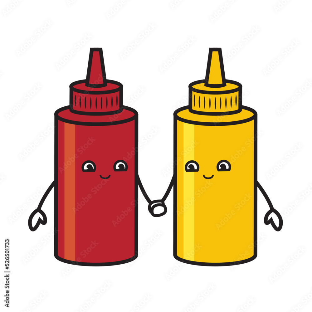 Happy ketchup and mustard condiments holding hands Happy ketchup and mustard condiments holding hands