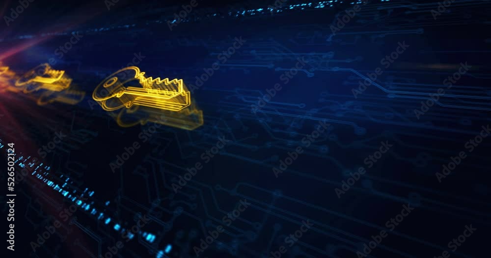Cyber security and password safety with Key hologram symbol appears on a electronic circuit background. Network, cyber technology and computer abstract concept 3d seamless and loop animation.