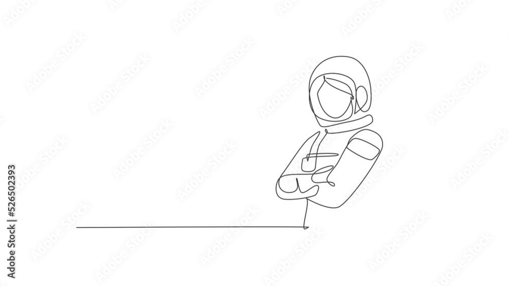 Animated self drawing of continuous one line draw young female astronaut in space suit pose cross arms on chest. Professional job profession minimalist concept. Full length single line animation. Animated self drawing of continuous one line draw young female astronaut in space suit pose cross arms on chest. Professional job profession minimalist concept. Full length single line animation.