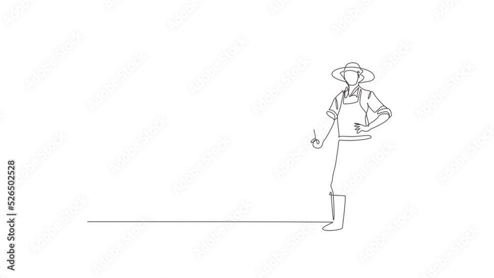 Animated self drawing of continuous one line draw young male farmer pose standing on field and holding shovel . Professional job profession minimalist concept. Full length single line animation. Animated self drawing of continuous one line draw young male farmer pose standing on field and holding shovel . Professional job profession minimalist concept. Full length single line animation.