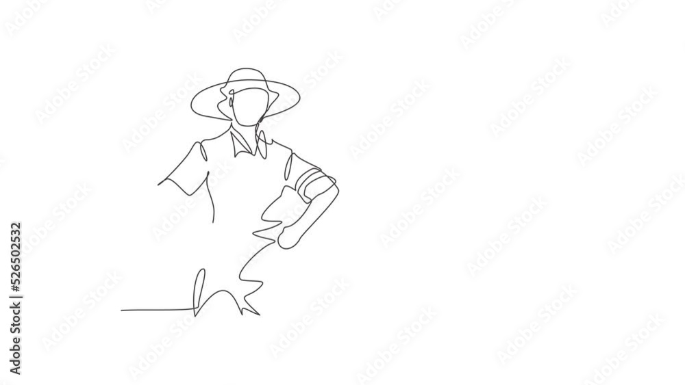 Self drawing animation of single line draw male farmer wearing farming cloth with straw hat. Professional work profession and occupation minimal concept. Continuous line draw. Full length animated. Self drawing animation of single line draw male farmer wearing farming cloth with straw hat. Professional work profession and occupation minimal concept. Continuous line draw. Full length animated.