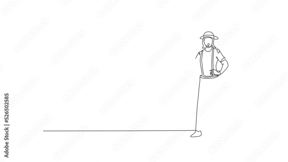 Animated self drawing of continuous line draw young female mime artist with stripped shirt holding hands on hip. Professional work job occupation. Minimalism concept. Full length one line animation. Animated self drawing of continuous line draw young female mime artist with stripped shirt holding hands on hip. Professional work job occupation. Minimalism concept. Full length one line animation.