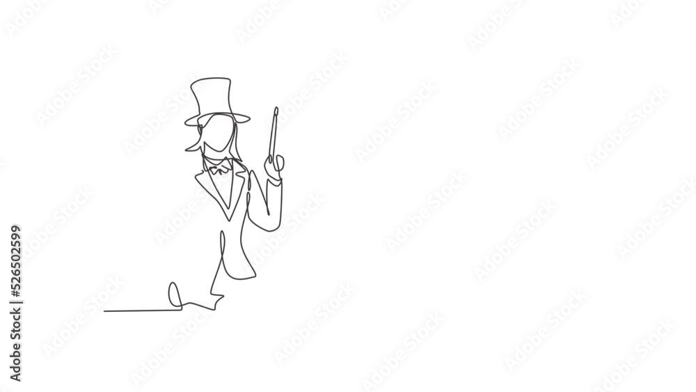 Animated self drawing of single continuous line draw young female magician holding magic wand with hands on hip. Professional work job occupation. Minimalism concept. Full length one line animation. Animated self drawing of single continuous line draw young female magician holding magic wand with hands on hip. Professional work job occupation. Minimalism concept. Full length one line animation.