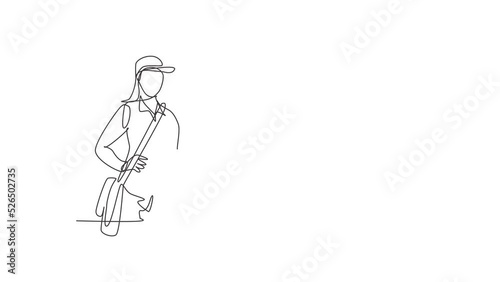 Self drawing animation of single line draw mail woman hold letter and posing with hands on hip. Professional work profession and occupation minimal concept. Continuous line draw. Full length animated. photo
