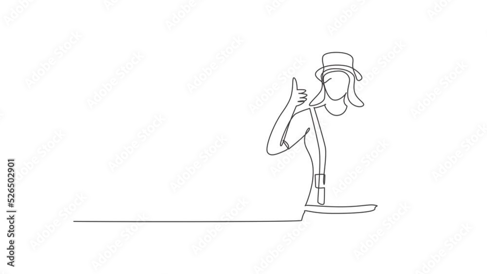 Self drawing animation of single line draw female mime artist with thumbs-up gesture, white face make-up puts on a silent motion comedy show at circus arena. Continuous line draw. Full length animated Self drawing animation of single line draw female mime artist with thumbs-up gesture, white face make-up puts on a silent motion comedy show at circus arena. Continuous line draw. Full length animated