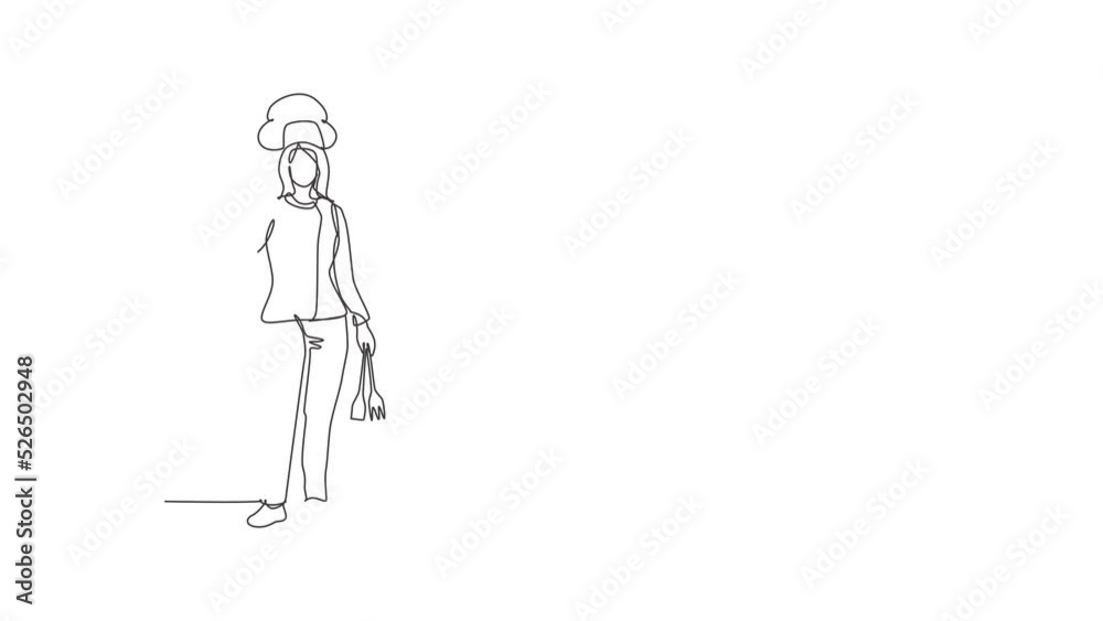 Animated self drawing of continuous line draw female chef stands with a thumbs-up gesture and the cooking uniform prepares the ingredients to cook the best dishes. Full length one line animation. Animated self drawing of continuous line draw female chef stands with a thumbs-up gesture and the cooking uniform prepares the ingredients to cook the best dishes. Full length one line animation.
