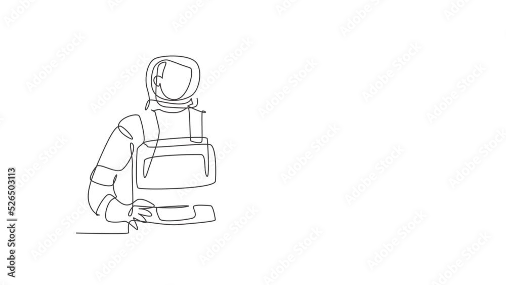 Self drawing animation of single one line draw male astronauts with gesture okay wearing spacesuits to explore outer space in search mysteries of universe. Continuous line draw. Full length animated. Self drawing animation of single one line draw male astronauts with gesture okay wearing spacesuits to explore outer space in search mysteries of universe. Continuous line draw. Full length animated.